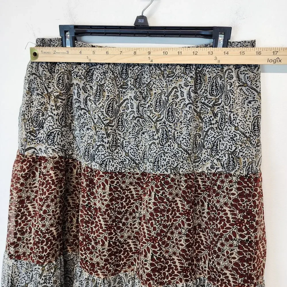 Solitaire Tiered Broomstick Maxi Skirt Size L Paisley Chiffon Lined Whimsygoth
